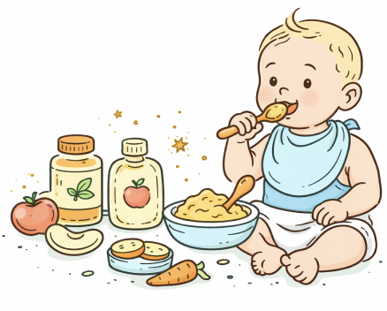 Baby eating food with baby food jars and fresh produce