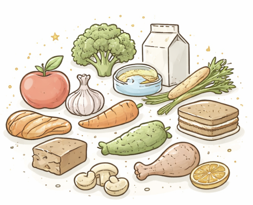 Various food items including fruits, vegetables, dairy, and bread